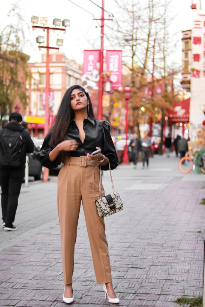 Zara leather Puff sleeves, Zara camel pants